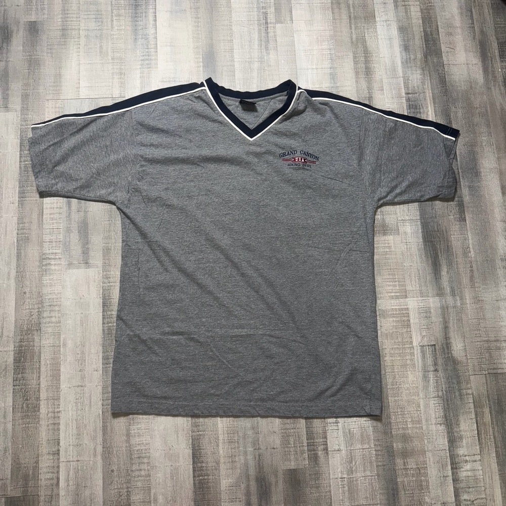Vintage Ouray Shirt Mens XL Grey Stripe Grand Canyon USA Hiking Dept V Neck